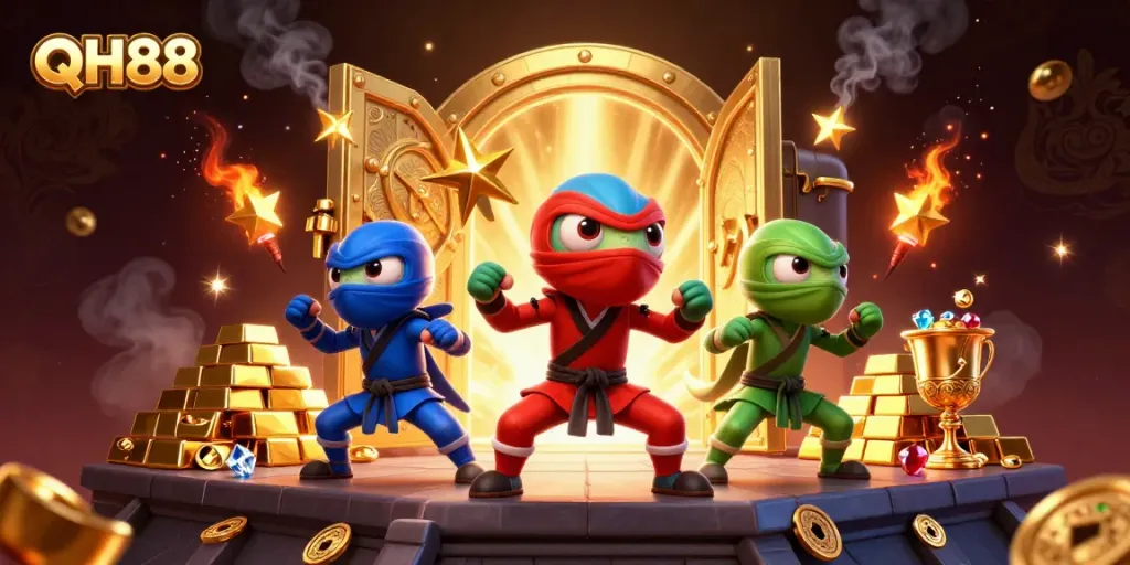 Experience thrilling adventures with QH88's vibrant chameleon ninjas amidst treasures and gaming glory.