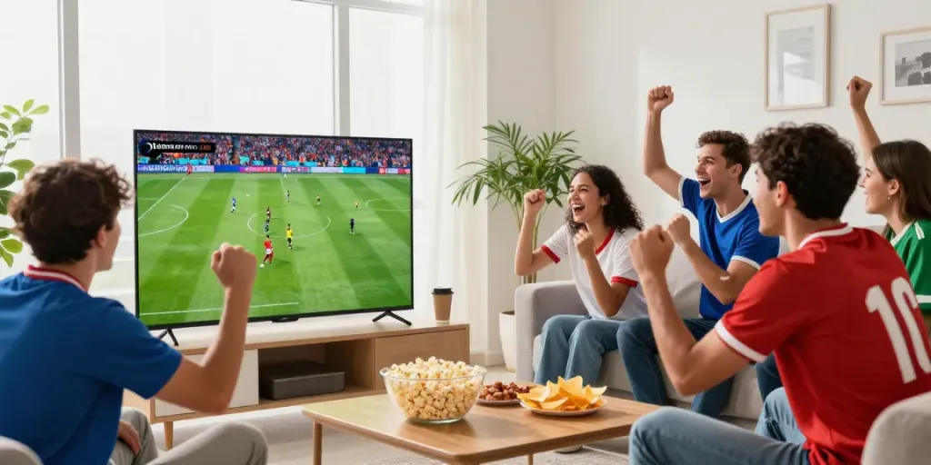 Friends enjoying Thapcamtv live football matches with snacks in a bright living room.