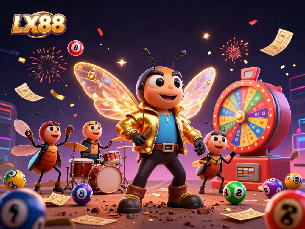 Experience vibrant wins at LX88 with animated casino fun featuring a rock star cicada.