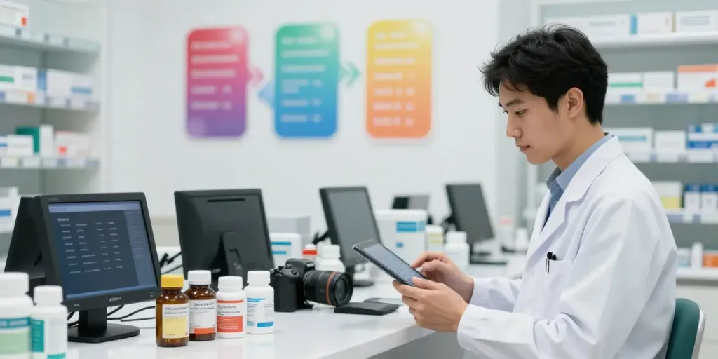 Pharmacist using digital tablet to check Moh license and medicine information in modern pharmacy.