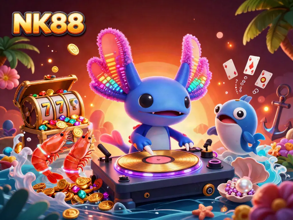 Engage with NK88: casino-themed underwater illustration featuring colorful characters and vivid elements.