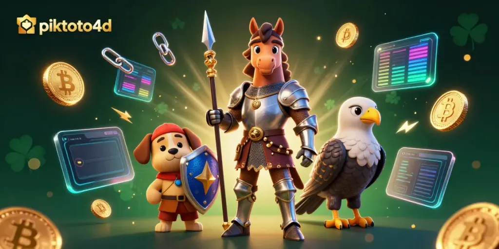 Experience the piktoto4d action with a knight, puppy, and falcon in a vibrant crypto-themed casino scene.