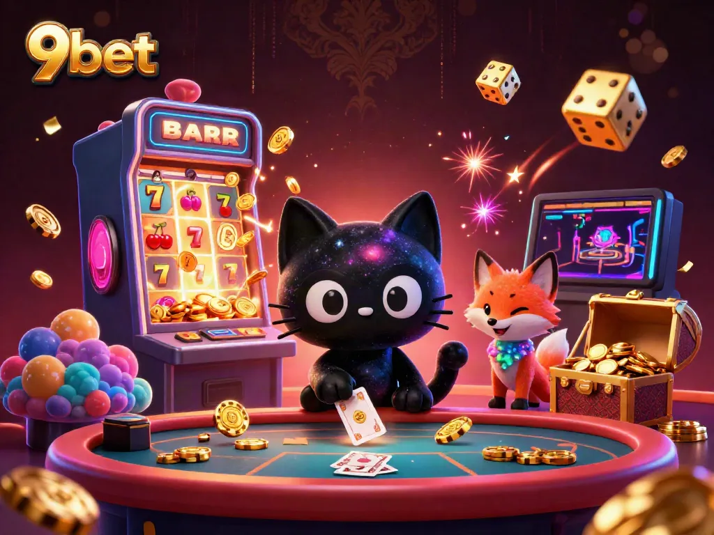 Engage with thrilling casino games at 9bet, featuring a cosmic cat and vibrant gaming elements.