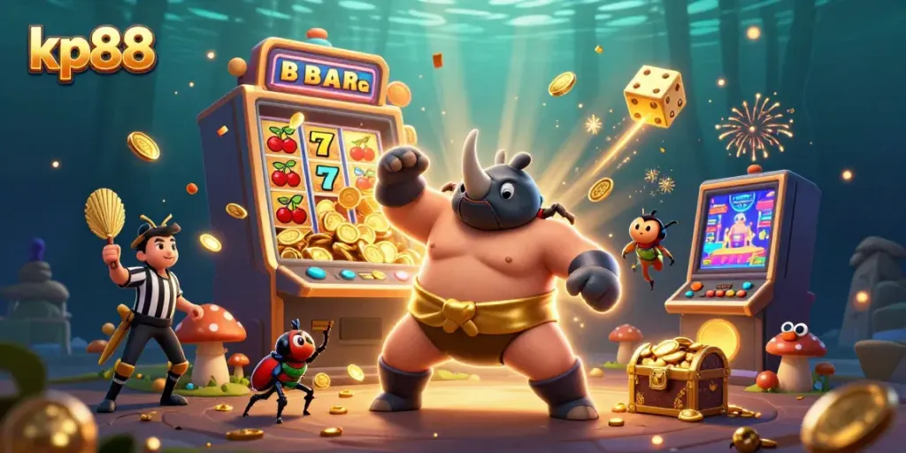 Experience kp88's thrilling casino adventure with a 3D rhinoceros beetle sumo champion amidst a jackpot explosion.