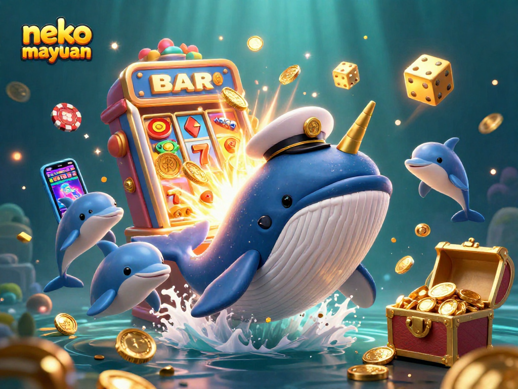 Play and win with Neko May Mắn featuring a giant whale, narwhal, and dolphins amid vibrant casino elements.