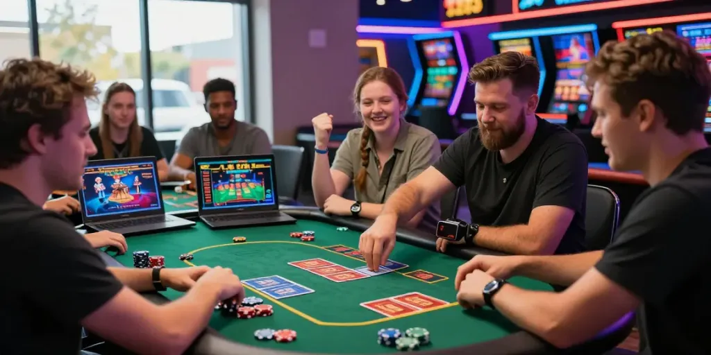Casinos that accept credit cards scene of players enjoying a virtual card game with interactive digital elements and lively atmosphere.