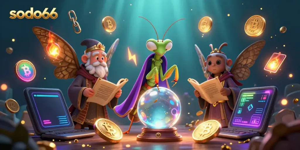 Engage with SODO66's online casino magic featuring a fortune teller and 3D crypto elements.