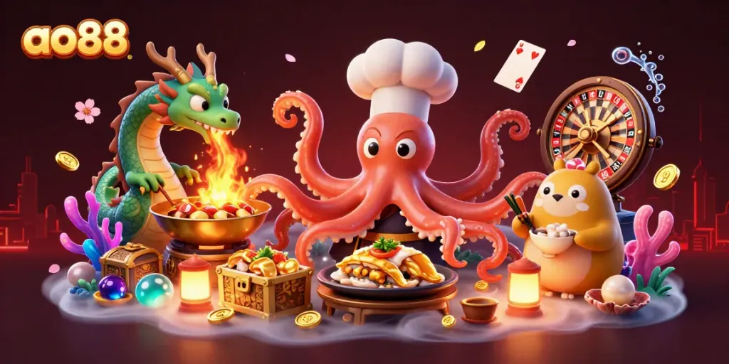 Experience high-energy gaming action at ao88 with an engaging 3D casino scene filled with vibrant elements.