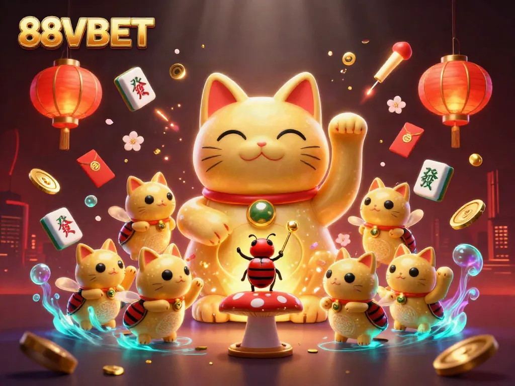 Experience the excitement of 88VBET with a vibrant illustration featuring golden fireflies and lively casino symbols.