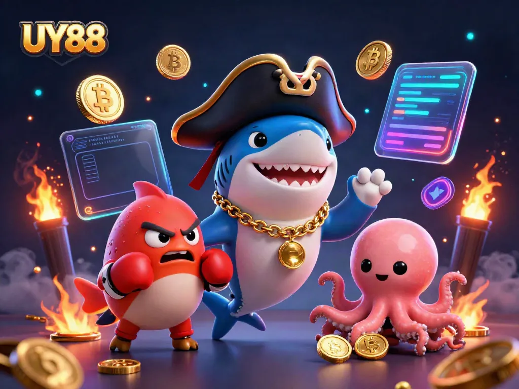 Explore UY88's vibrant casino world with a cartoon shark and friends amid glowing coins.