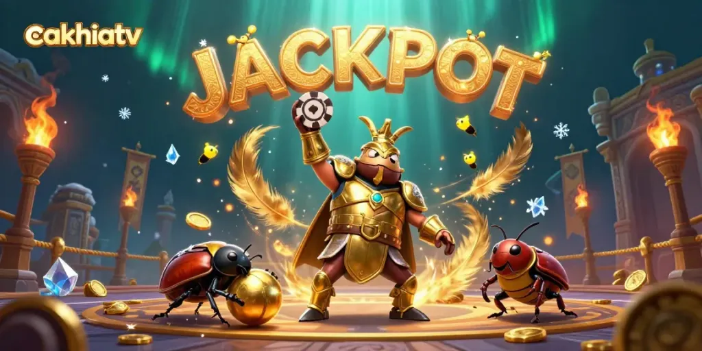 Experience exciting wins with Cakhiatv where a victorious hero beetle lifts a poker chip amidst a vibrant atmosphere.