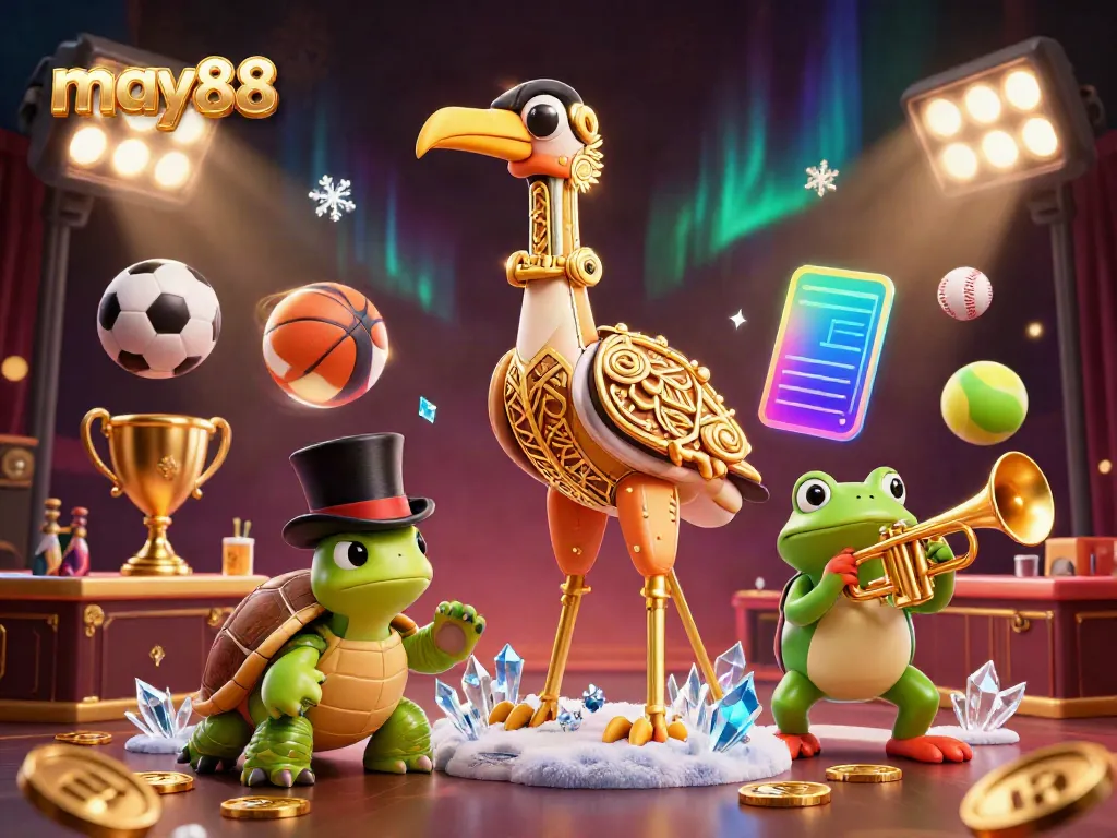 Experience the dynamic action of may88 with characters at a lively casino scene featuring sports elements and vibrant visuals.