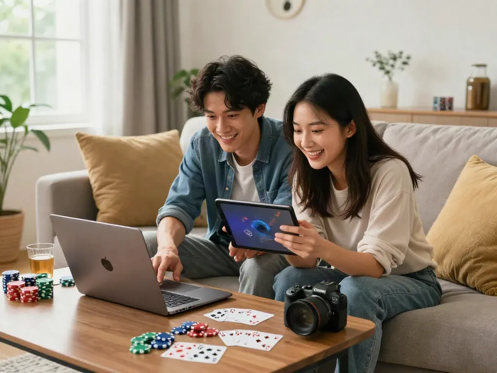 Experience the best non gamstop casinos UK with a young couple enjoying home gaming.