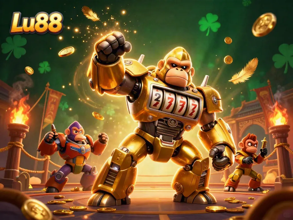 Experience thrilling gaming action with Lu88's exciting slots featuring a golden gorilla mech.