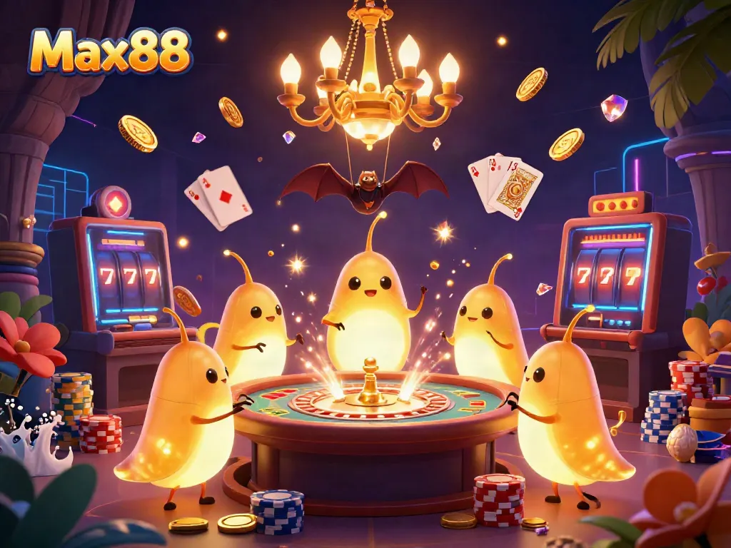 Experience the Max88 casino delight with glowworms illuminating a vibrant gaming cave.