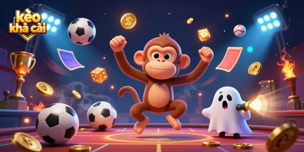 Experience betting excitement as kèo nhà cái reveals a poltergeist monkey juggling golden coins and sports elements in a haunted casino.