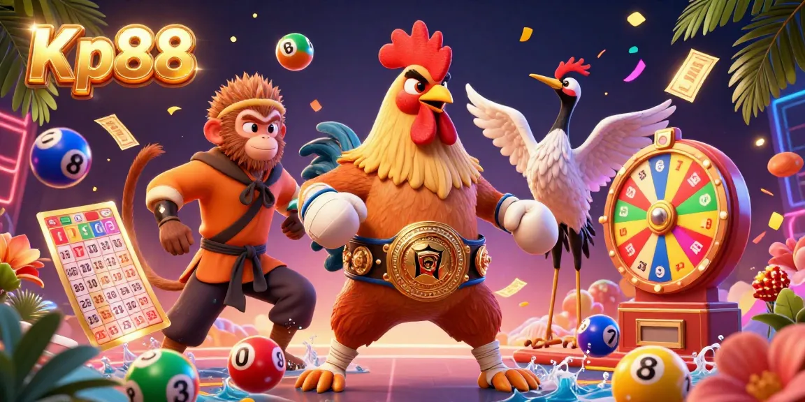 Kp88 features vibrant gambling scene with a Muay Thai rooster, Shaolin monkey, and crane, surrounded by colorful lottery elements.