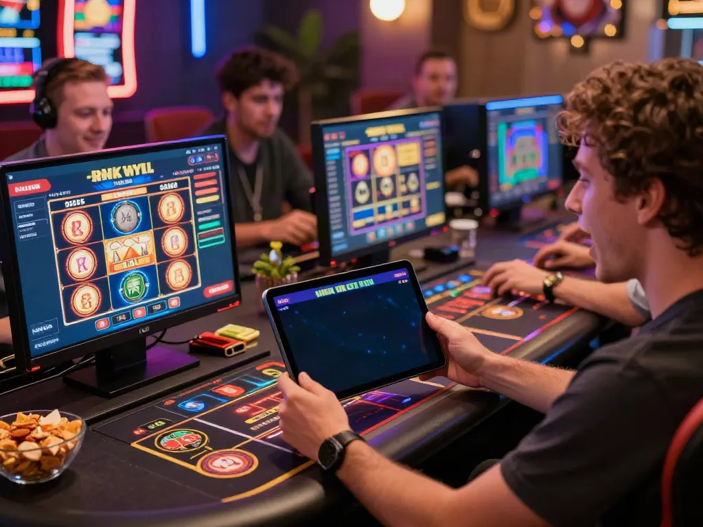 Best non GamStop casinos UK scene with players enjoying live casino games online, celebrating wins in a vibrant atmosphere.
