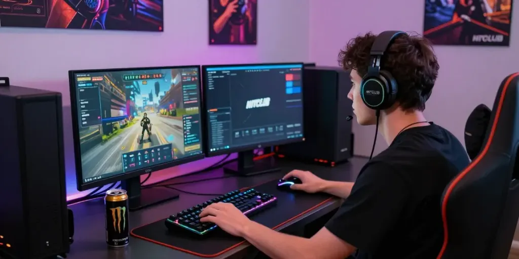 Player enjoying HITCLUB in a vibrant gaming setup with RGB lighting.