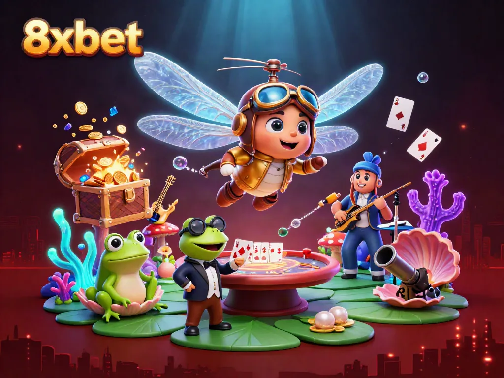 Engage with 8xbet's vibrant casino atmosphere featuring a dragonfly pilot, frog croupier, and lively jazz musicians.