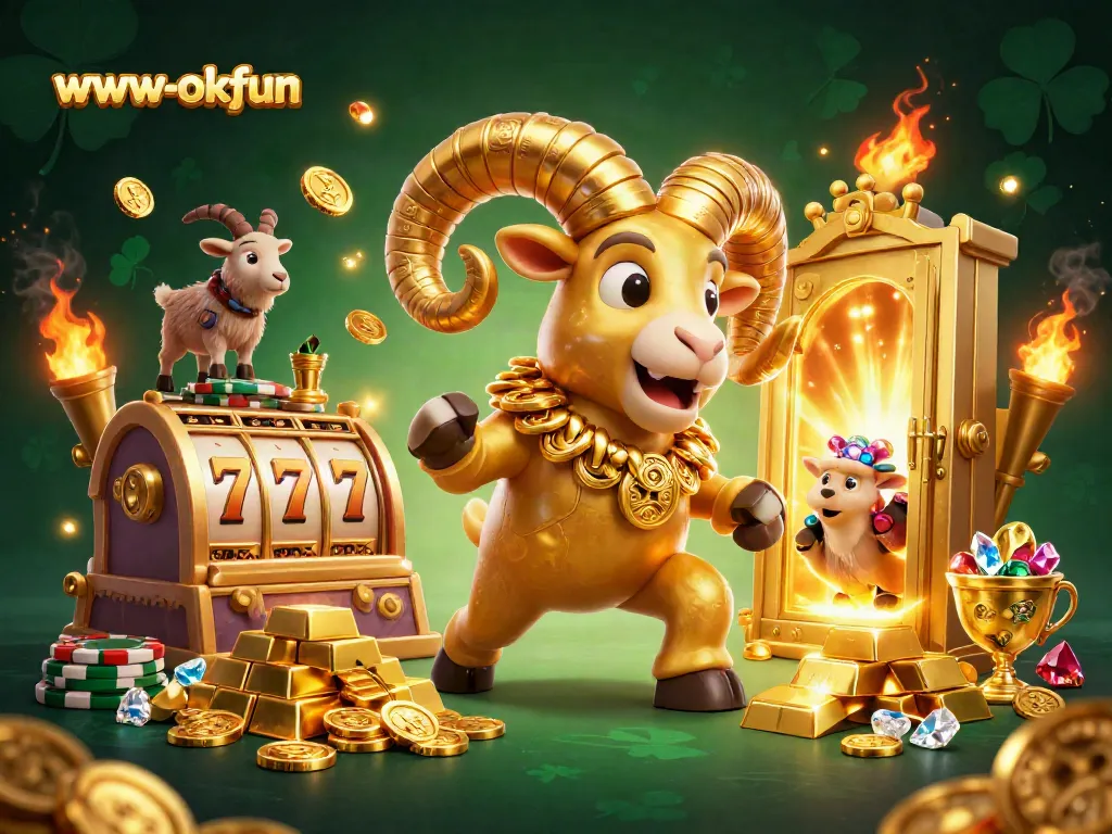 Experience thrilling game action at www-okfun with a dynamic scene featuring a golden ram and slot elements.