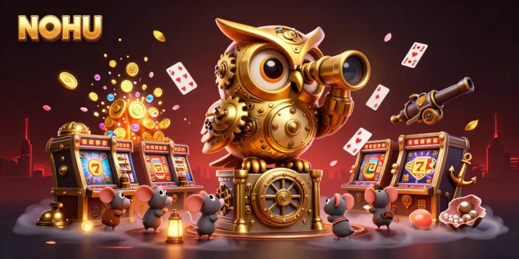Experience the dynamic casino atmosphere with NOHU's 3D illustration showcasing vibrant gaming elements.