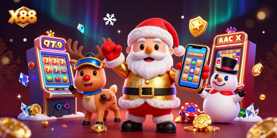 Experience X88’s thrilling jackpot slots with Santa, a reindeer dealer, and a poker chip snowman in a festive casino
