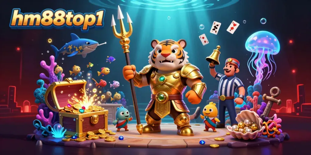 Join the adventure with hm88top1 in this vibrant underwater casino battle featuring a golden gladiator shark.