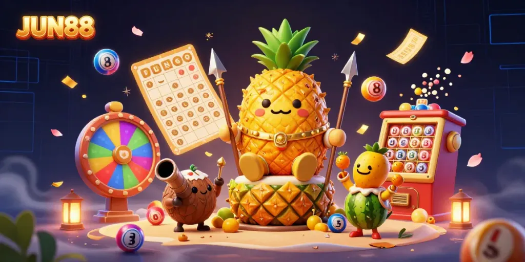 Engage in winning strategies at JUN88 with colorful illustrations of casino games and vibrant characters.