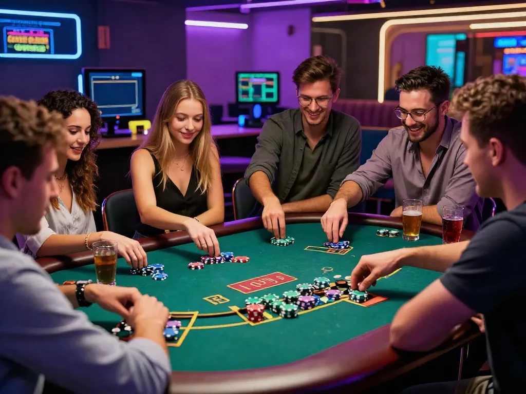 Group enjoying games in a lively casino setting, showcasing the best non gamstop casinos UK experience.