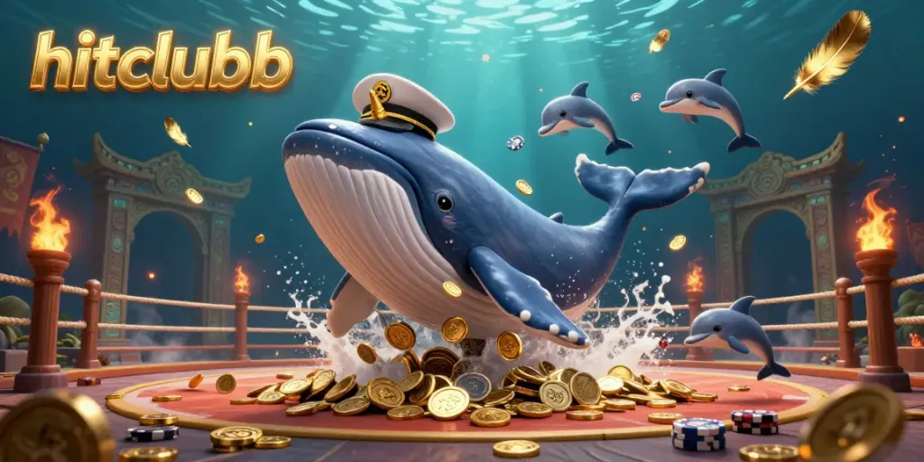 Engage in thrilling gaming at hitclubb with a vibrant casino scene featuring a whale and dolphins amidst golden coins.