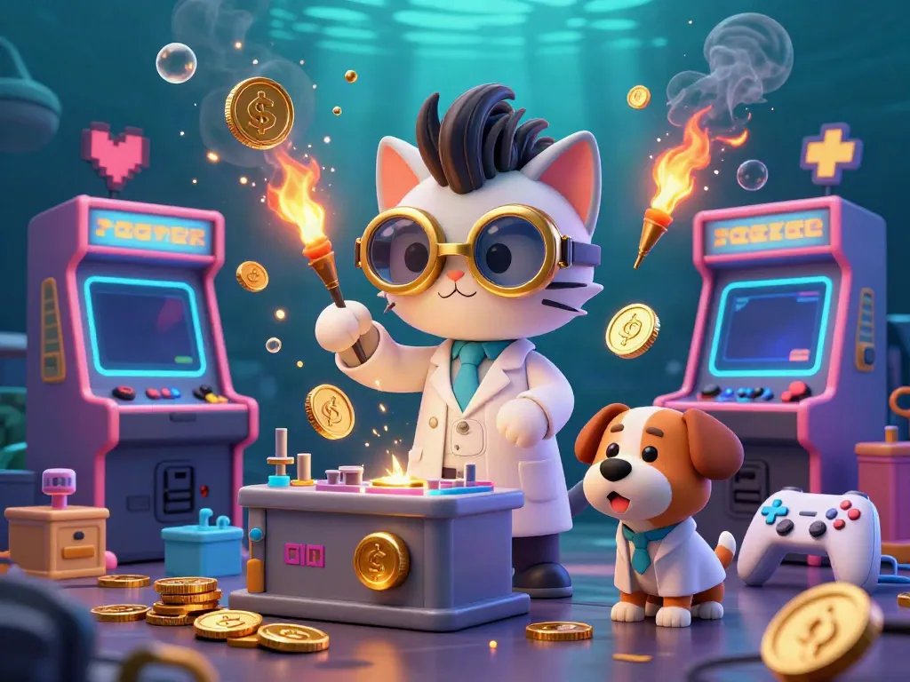 Experience thrilling gaming fun with F8BET's vibrant casino adventure illustration featuring mad scientist cat and dog.