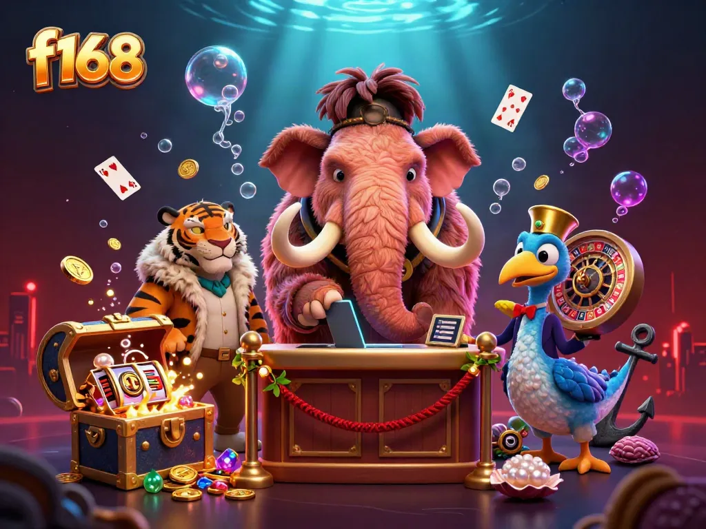 Experience f168 with a vibrant illustration of a woolly mammoth checking IDs at a casino.
