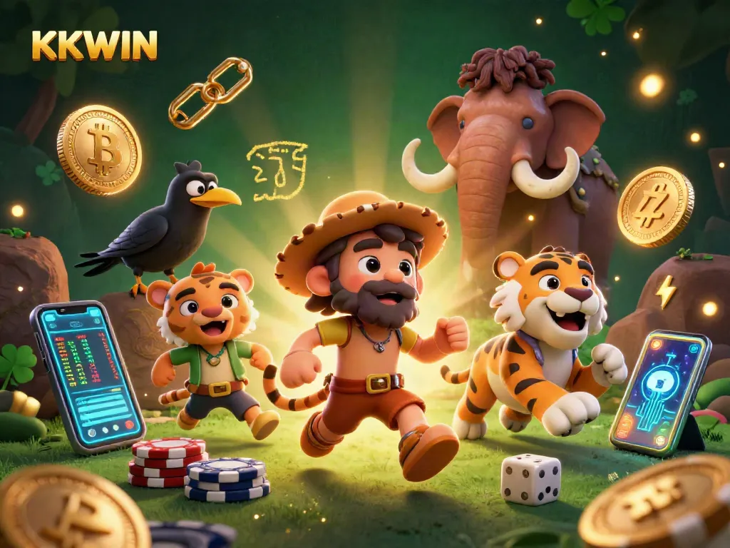 Experience the thrill of KKWIN at a vibrant digital casino with cartoon characters and crypto elements.