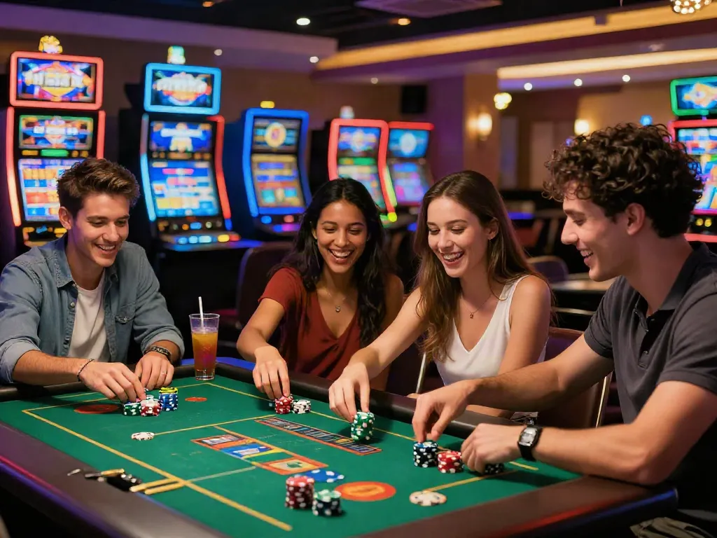 Best non GamStop casinos UK scene of friends enjoying a game night filled with excitement and camaraderie.