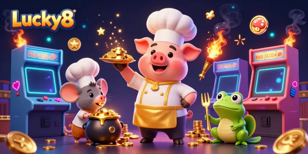 Experience the thrill of Lucky8 with an exciting scene featuring gourmet gold coins and engaging game elements.