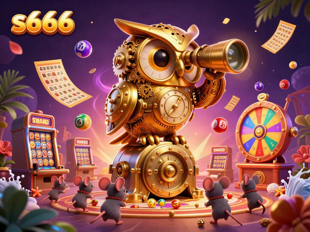 Experience the excitement of s666 with a dazzling casino scene featuring a golden owl, vibrant games, and dynamic elements.