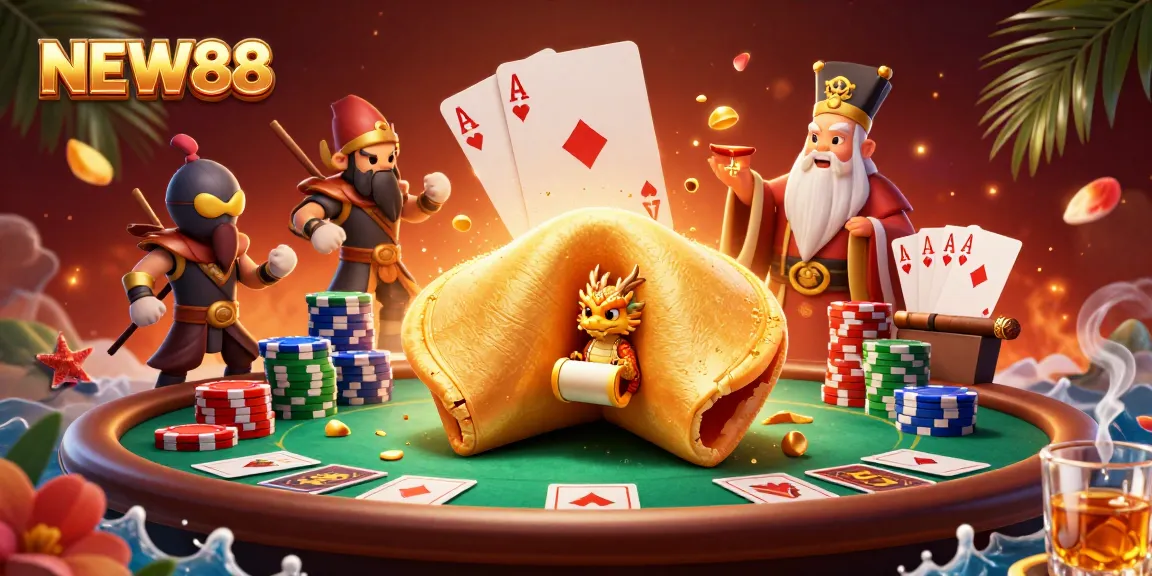 Engage with NEW88 through an exciting poker scene featuring a golden fortune cookie and wise dragon.
