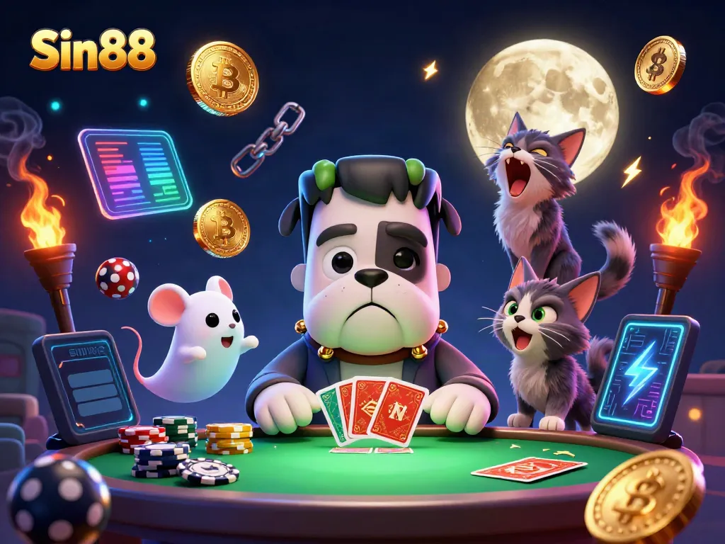 Sin88 offers an engaging casino experience with a cartoon bulldog dealer and vibrant crypto elements.