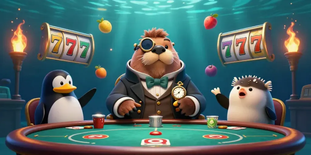Experience Nổ hũ action with a whimsical underwater gambling scene featuring a jolly walrus and friends.