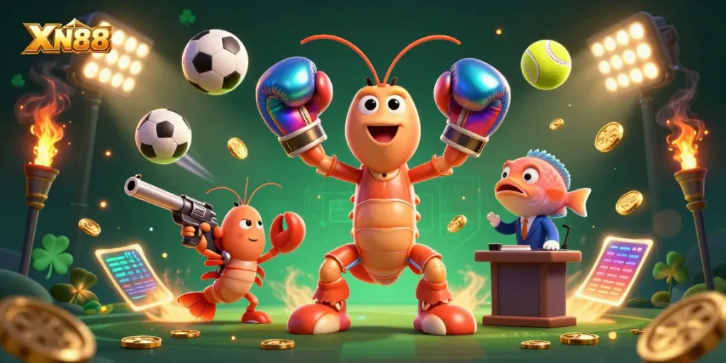 Engage in thrilling gameplay at XN88 with vibrant characters in an energetic casino scene.