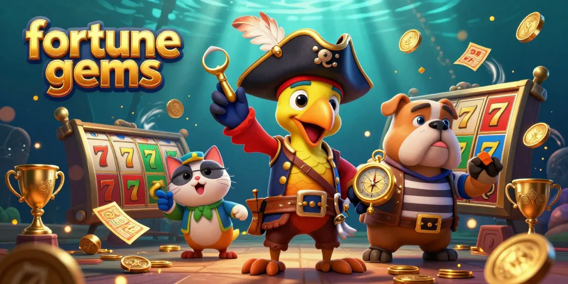 Experience excitement with fortune gems in this lively 3D scene featuring slot reels and pirate elements.