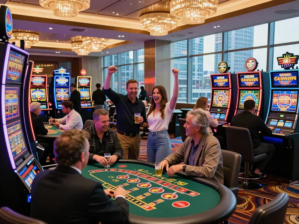 Exciting gaming floor in a top non GamStop casino UK, showcasing players and bright slot machines, celebrating wins.
