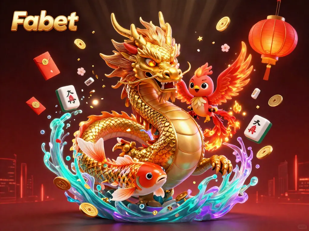 Fabet features a golden dragon and phoenix amidst vibrant 3D casino elements.
