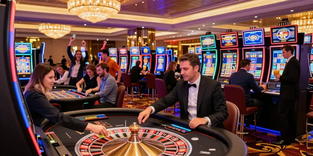 Exciting atmosphere at Crusado Casino United Kingdom, with diverse players engaged in lively gaming.