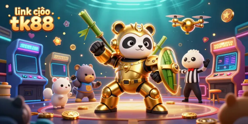 Engage in thrilling fun with link vào tk88, featuring a mech-suit panda and vibrant game elements in a lively casino.