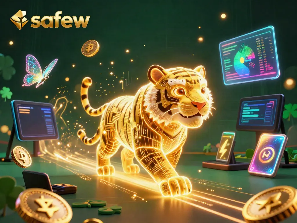 Engage in vibrant gameplay with safew, featuring a neon-wireframe tiger amid crypto elements.