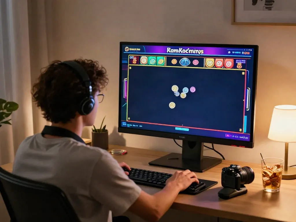 Excited player enjoying games at the best non GamStop casinos UK, with vibrant graphics and cozy home setup.