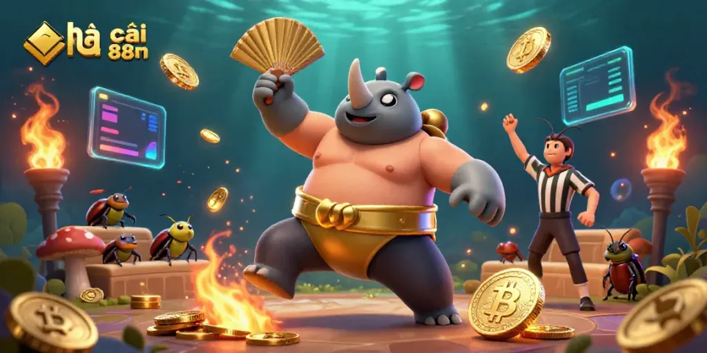 Engage with the dynamic scene of nhà cái 88m featuring a rhinoceros beetle champion amidst flying coins.