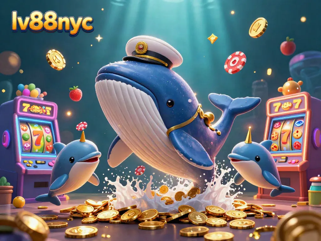 Experience the excitement of lv88nyc as colorful slot machines surround a lively scene with a cartoon whale, narwhal, and dolphins.